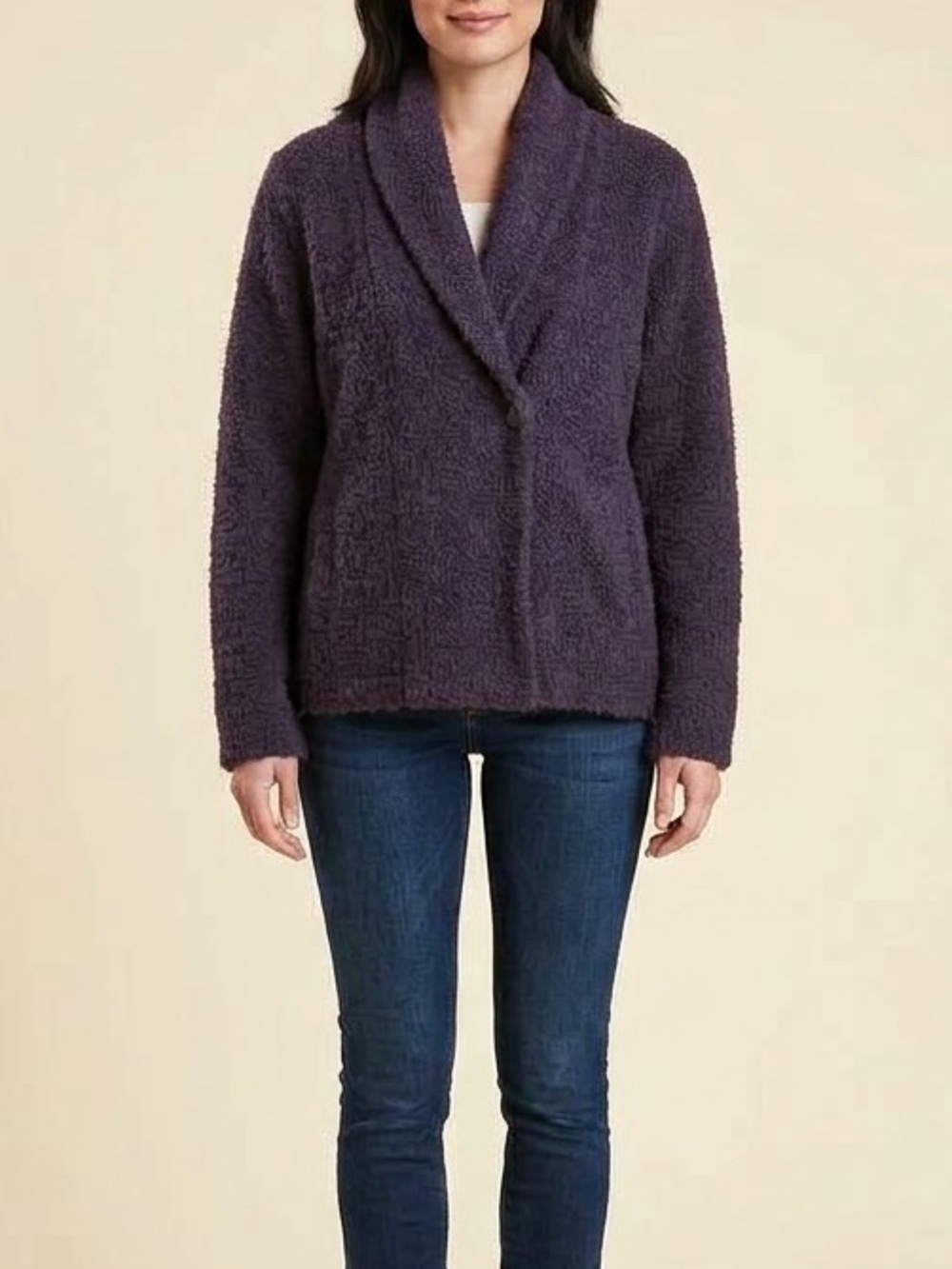 Eileen Fisher Purple Wool Blend Shawl Collar Snap Cardigan Sweater Large L